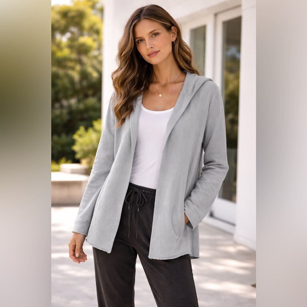 James Perse Open Front Hoodie Jacket Gray Minimalist Lounge Cardigan Size 4